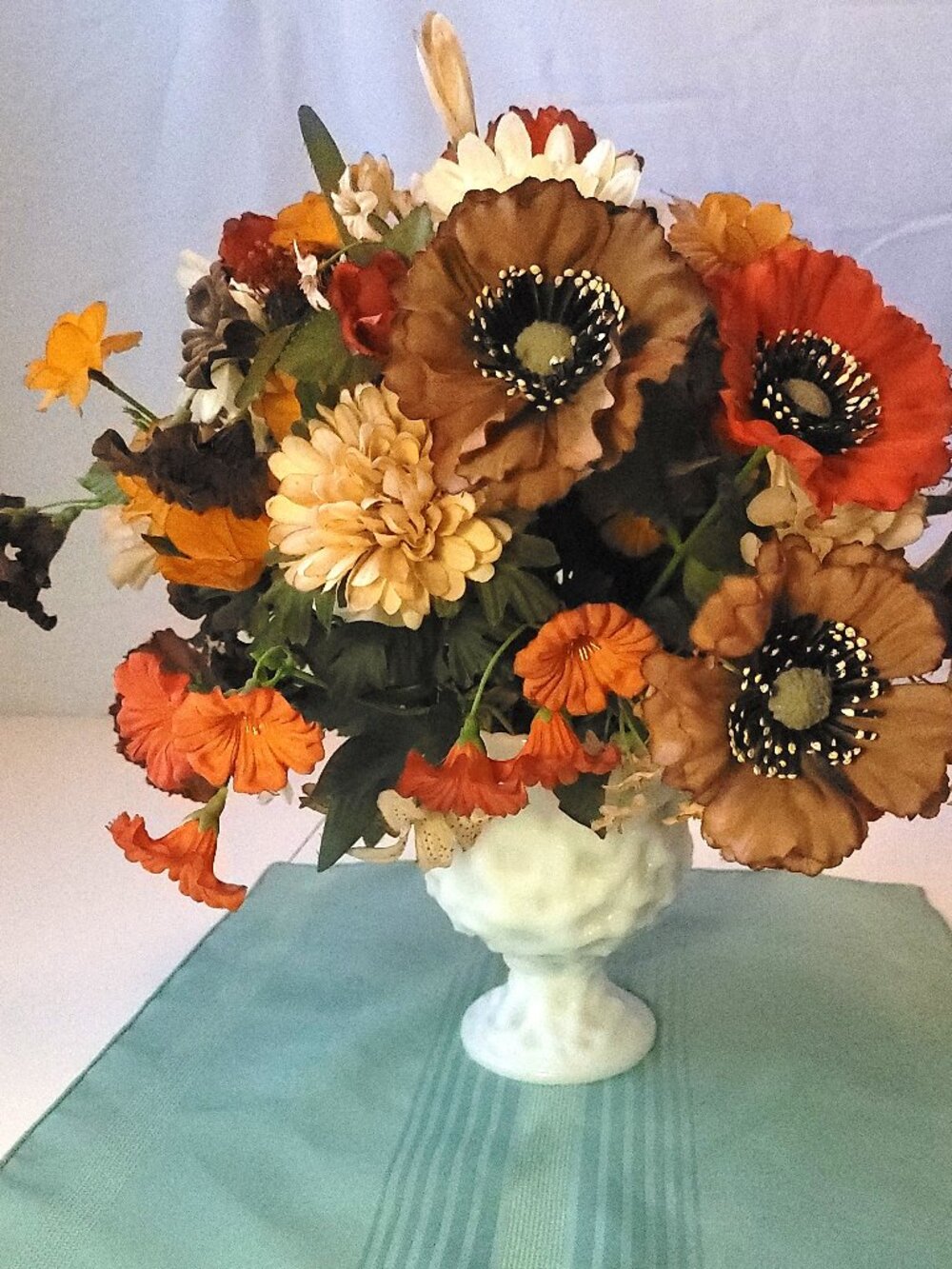 1960s E.O. Brody White Milk Glass Pedestal Vase & Faux Floral Arrangement